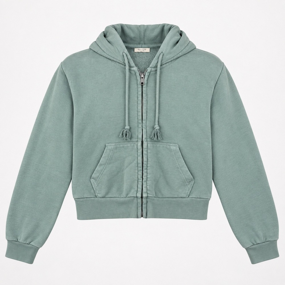 Brandy Melville Full Zip Hoodie Women OS Sage Green Cropped Tassel Drawstring
